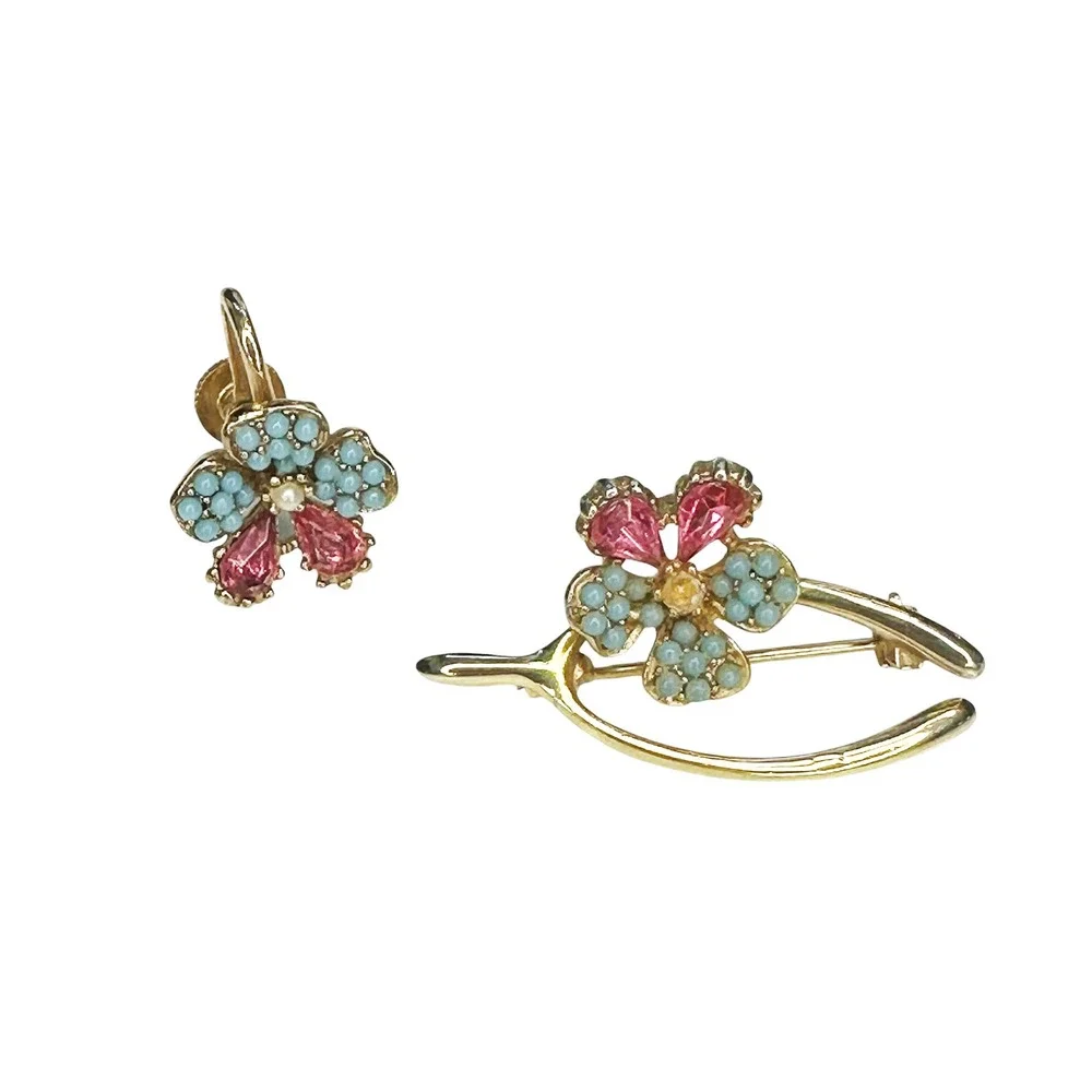 VTG 1950's Flower Wishbone Brooch & Clip-on Earring Set • pink blue gold tone